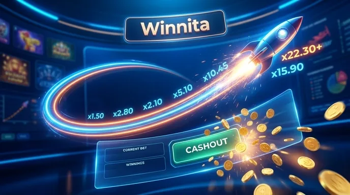 Aviator su Winnita: razzo sulla curva del moltiplicatore con pulsante di cashout