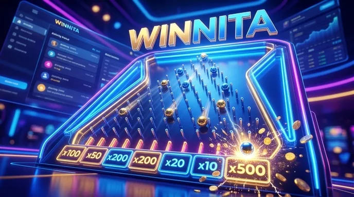 Tabellone di Plinko su Winnita: piramide di pioli con palline che scendono verso le caselle dei moltiplicatori