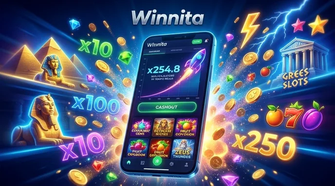 Smartphone con la dashboard mobile di Winnita: moltiplicatore crash in tempo reale e riquadri dei giochi
