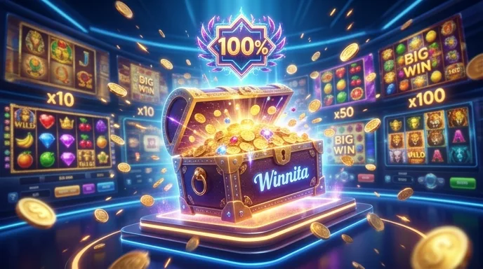 Concetto di bonus benvenuto Winnita: forziere che libera monete e un simbolo di percentuale che fluttua