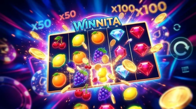 Griglia di slot con frutti e gemme che esplode in una vincita con simboli a cascata